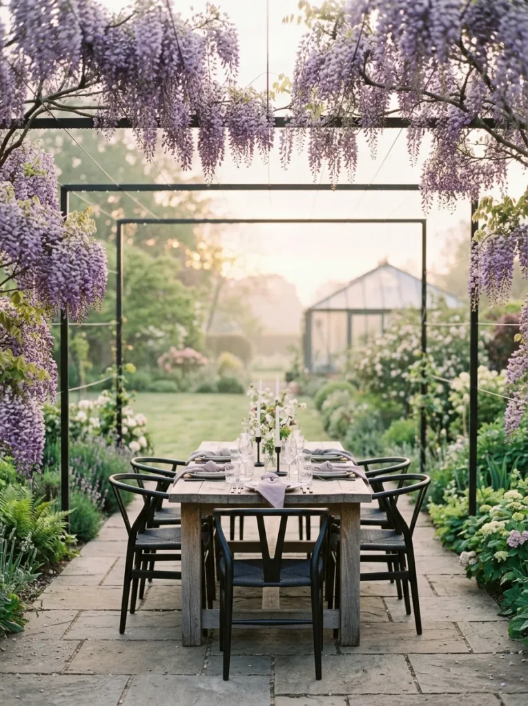 "Wisteria-covered steel pergola over oak dining table"