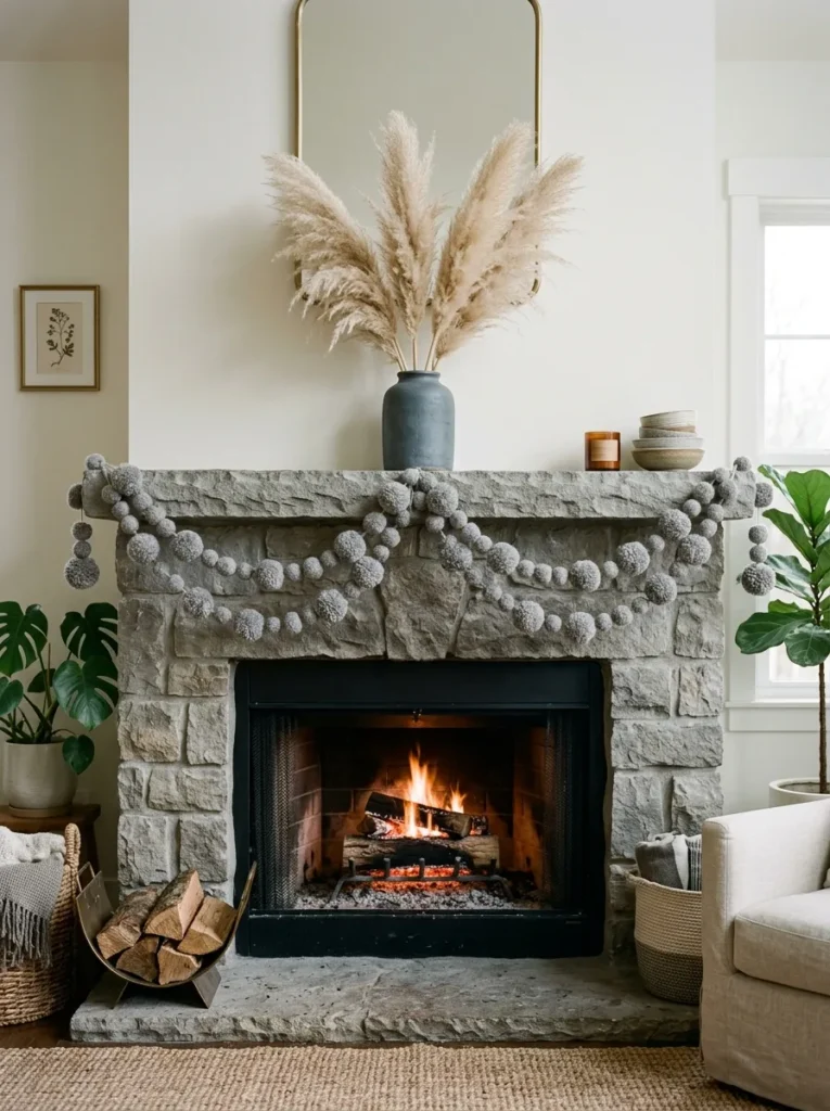 Gray wool pom garland draped in soft swags across a mantel with a pampas grass vase