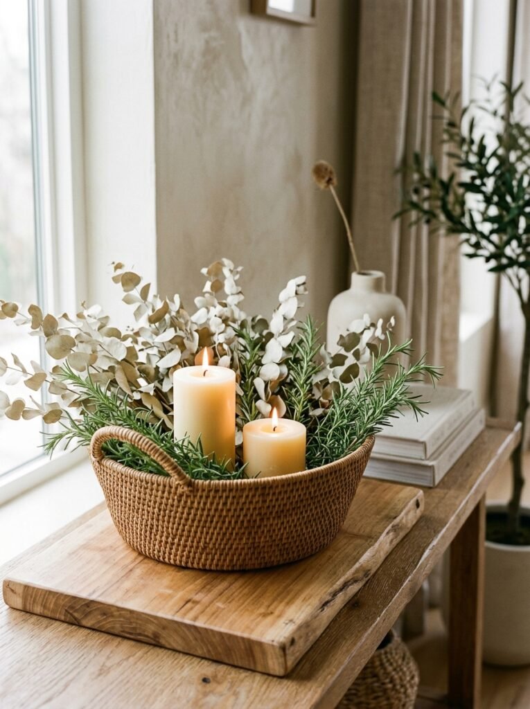 Woven rattan basket with bleached eucalyptus, rosemary, and beeswax candles on a wood riser