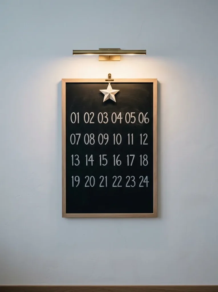 "Advent countdown chalkboard grid with 24 numbered squares"