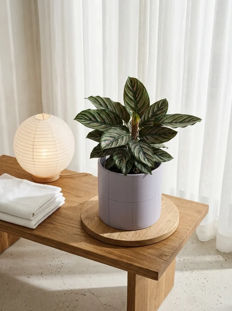 "Agnes Martin-inspired faint lined pot on an oak bench"