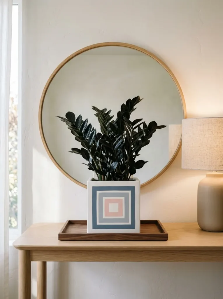 "Albers-style nested squares painted on a cube planter"