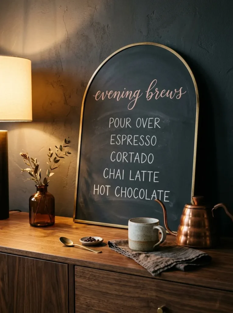 "Arched charcoal chalkboard hot cocoa menu on a sideboard"
