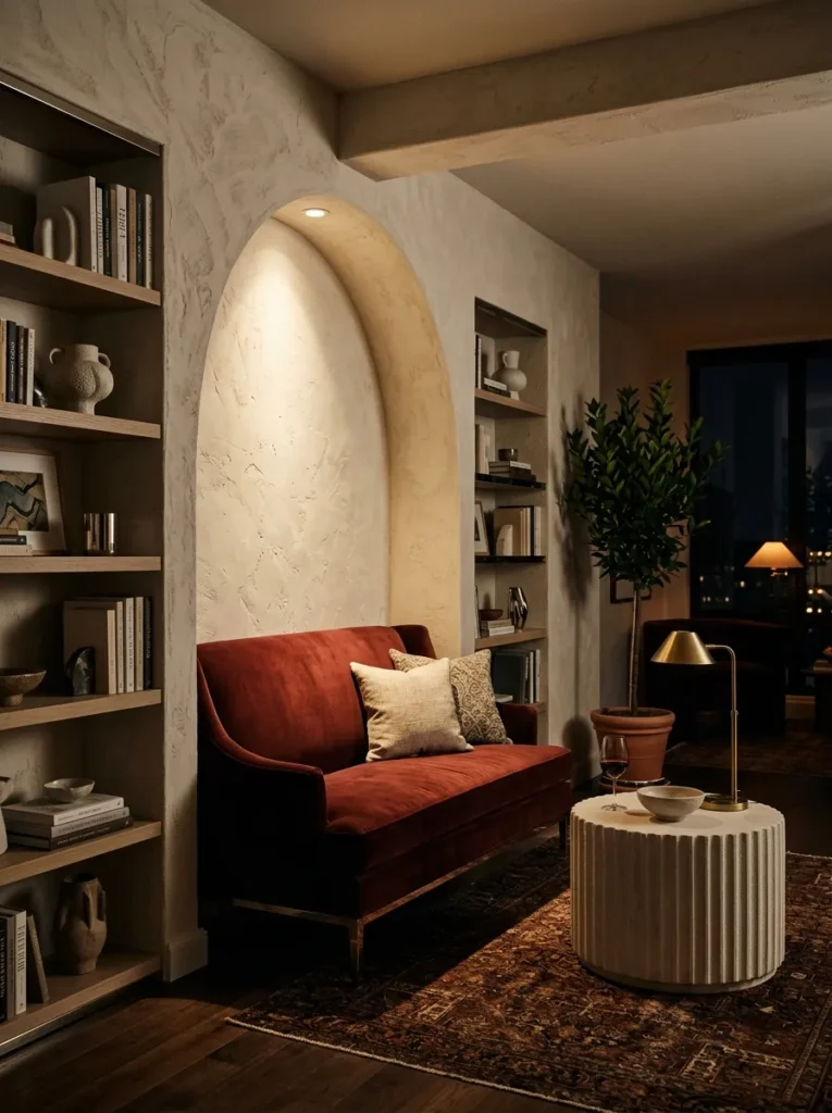 "Oxblood velvet settee in a plaster arched fireplace alcove"