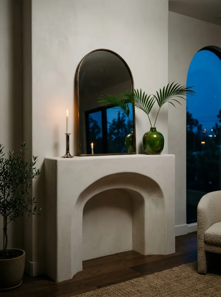 "Arching palm fronds reflected in an arched mantel mirror"