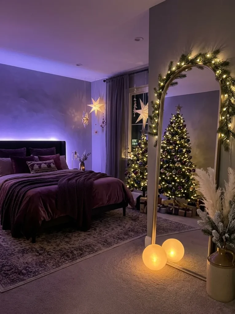 "Frosted glow orbs doubled in an arched floor mirror with pampas plumes"