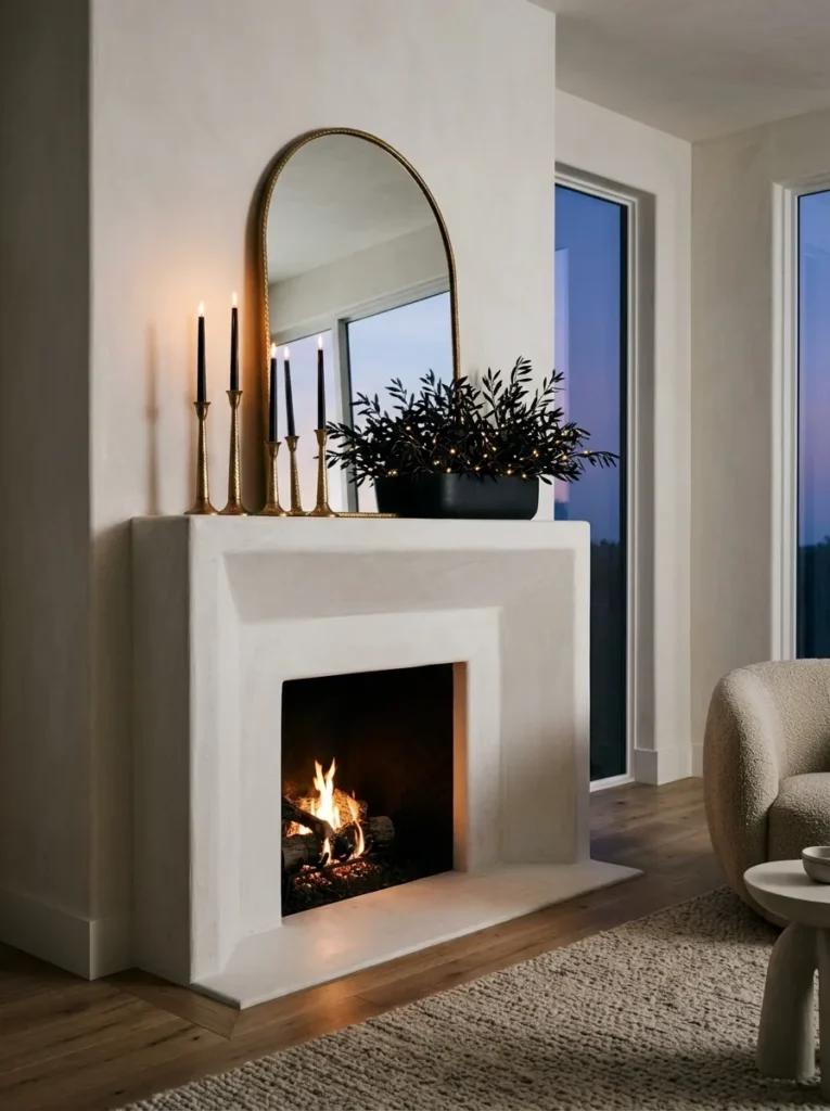 "Arched brass mirror above a black and gold Christmas mantel"