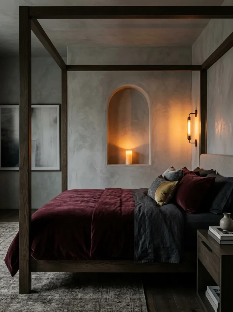 "Dove-gray lime plaster alcove behind a burgundy velvet bed"
