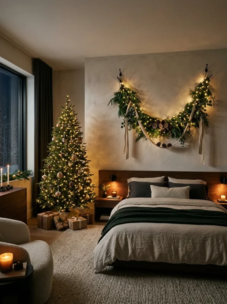 "Off-center cedar garland arc above a bedroom headboard"