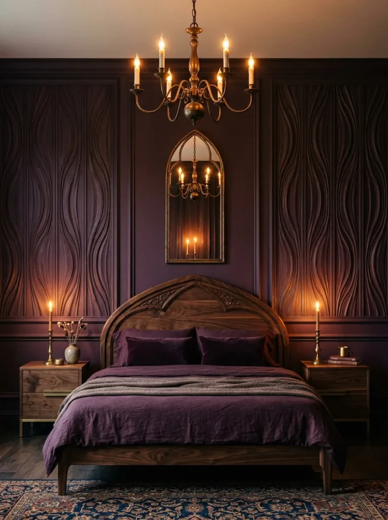 "Oversized linenfold paneling in aubergine behind a walnut bed"