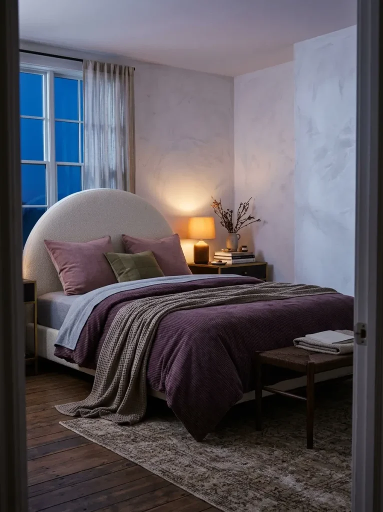 "Aubergine corduroy duvet with dusty-rose pillows on an arched headboard bed"