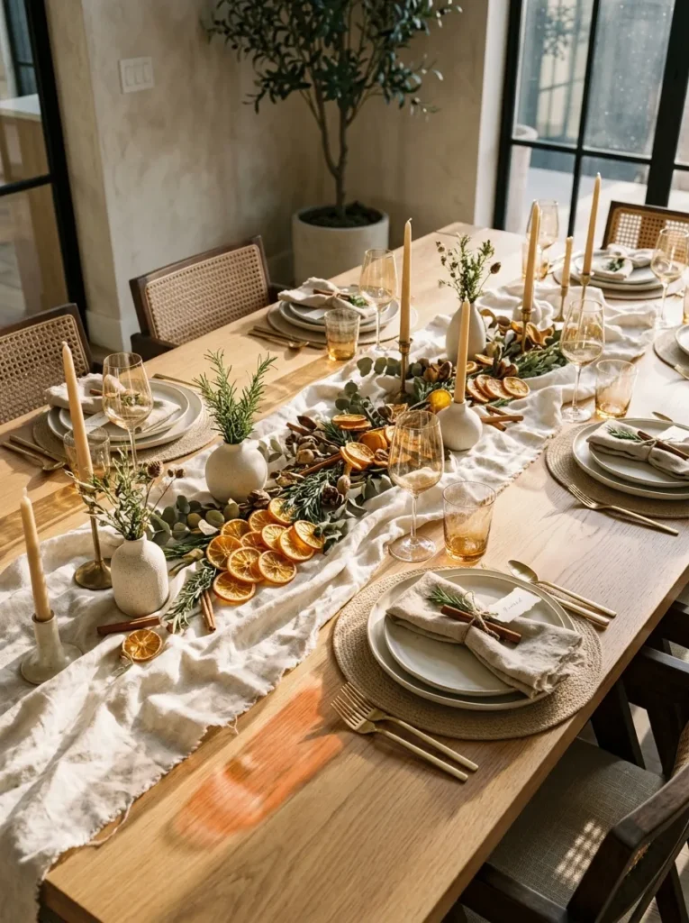 "Dried orange slices on a flax linen runner with candlelit dining table"