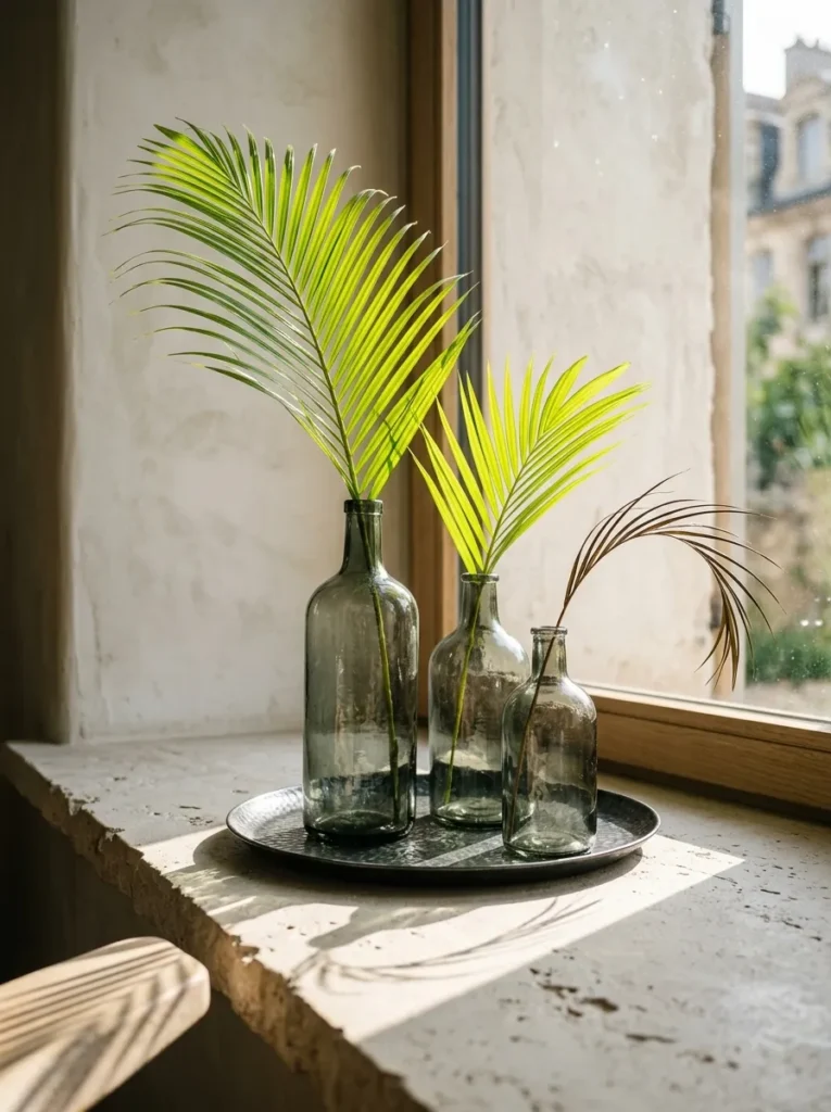 "Backlit palm fronds in smoked glass bottles on a limestone windowsill"