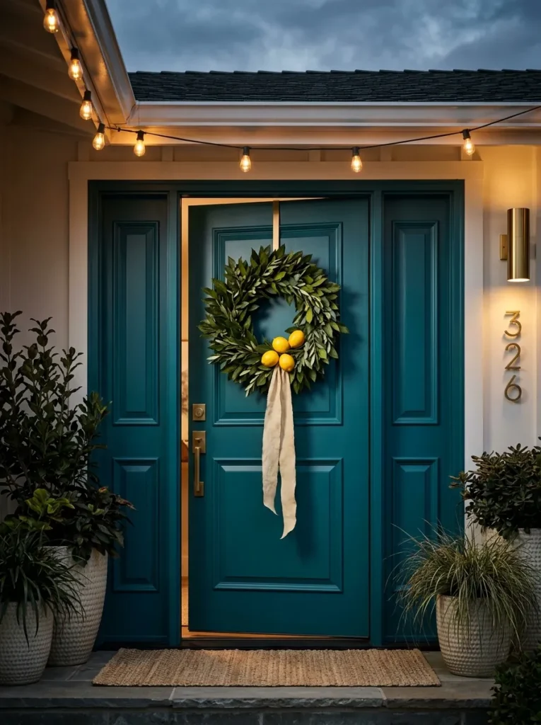 "Bay laurel crown wreath with Meyer lemons on a deep teal door"