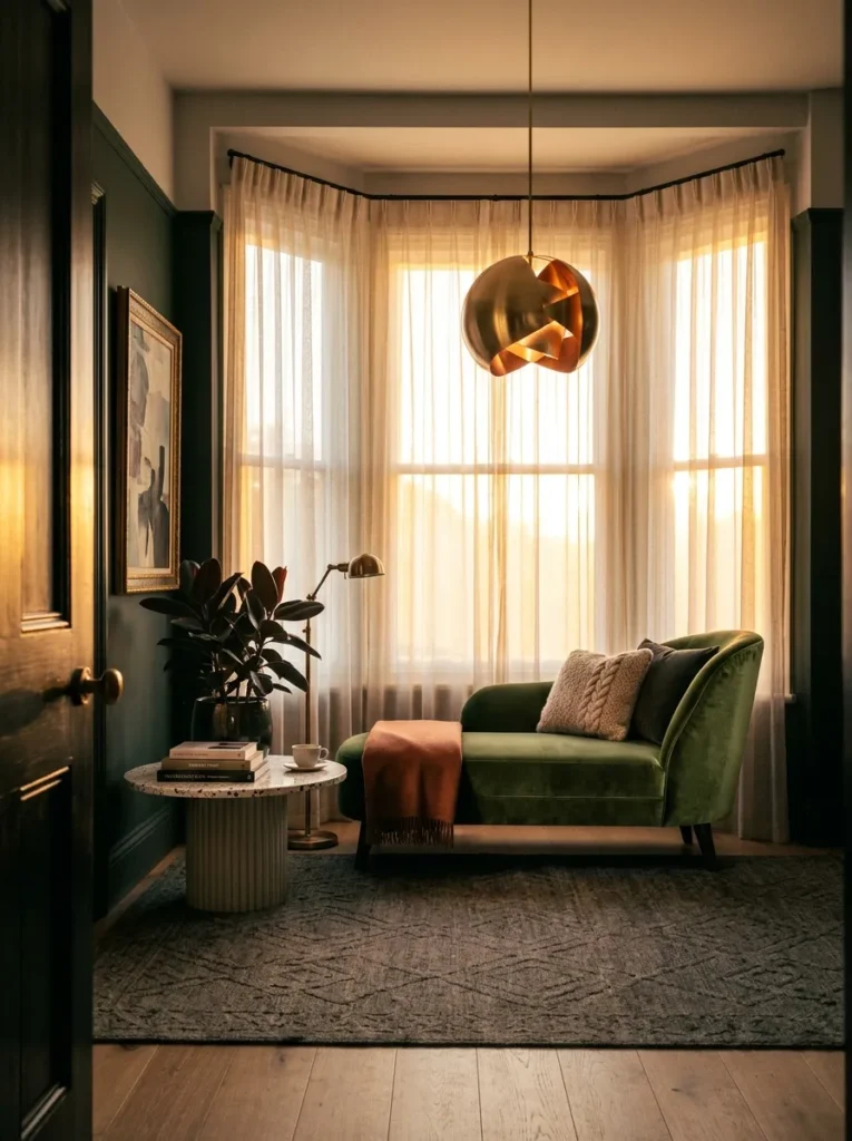 "Mushroom-gray chaise in a bay window with copper swag pendant"