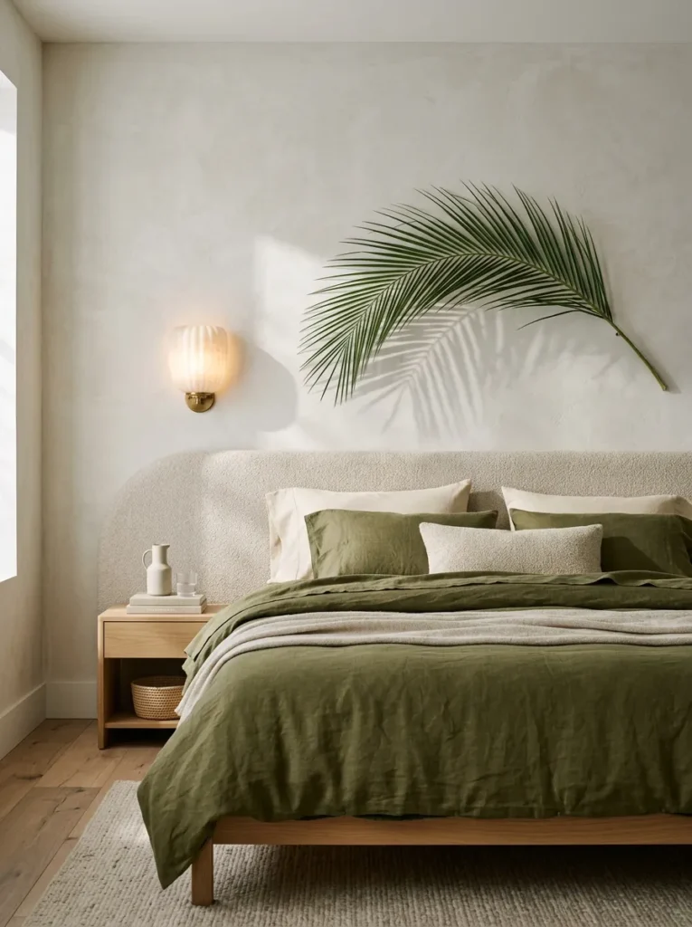 "Single palm frond pinned in an arc above a bed headboard"