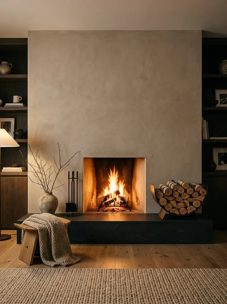"Silver birch logs stacked bark-out in a curved rack beside a slate hearth"
