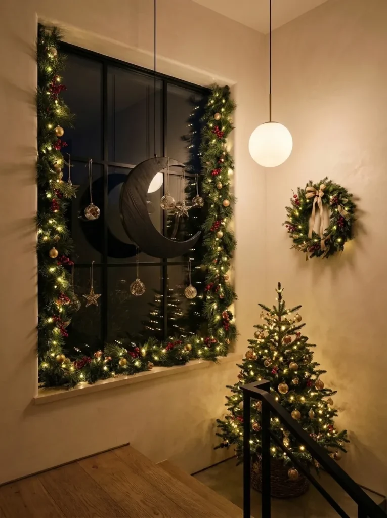 "Black crescent wreath hung in front of a stairwell window at night"