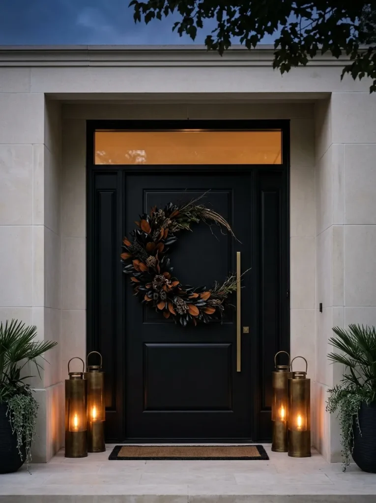"Black front door with crescent magnolia wreath and brass lanterns"