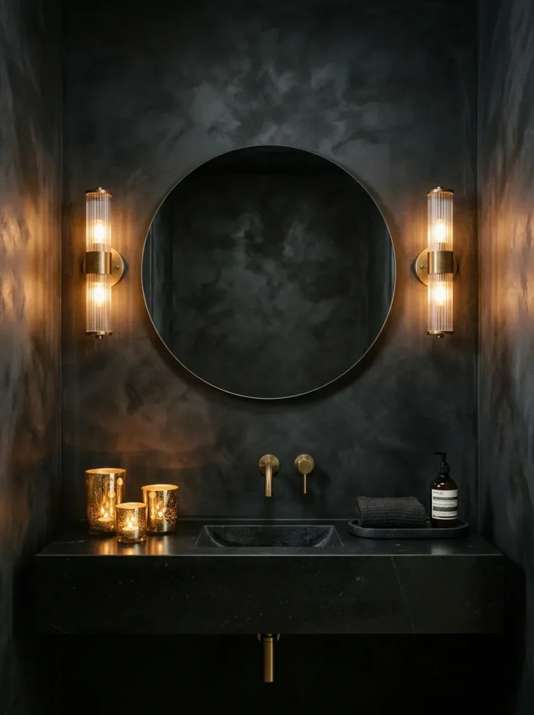 "Black limewash powder room with gold mirrored votives"