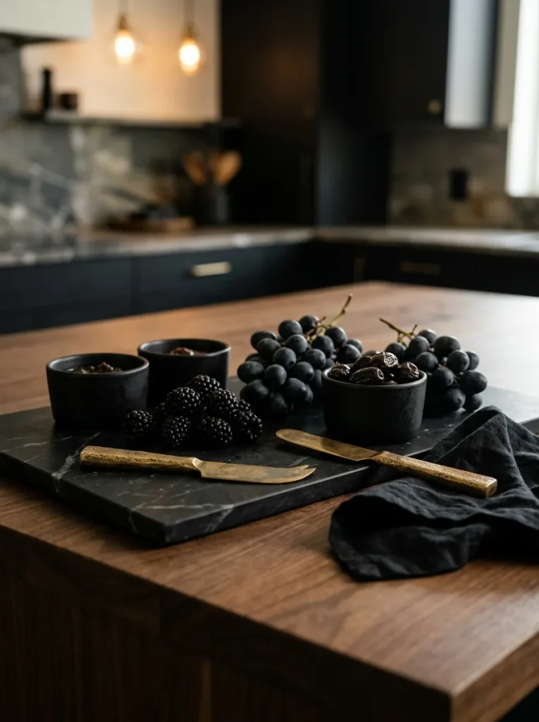 "Black marble grazing board with brass cheese knives"