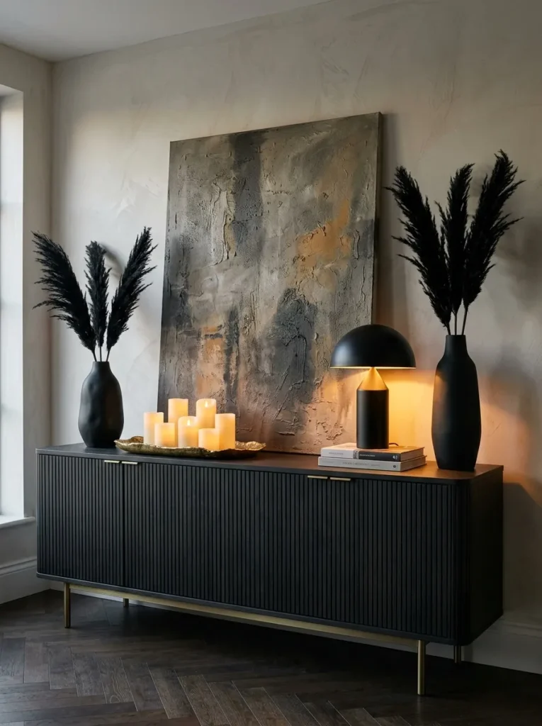"Black-sprayed pampas plumes on a dining room sideboard"