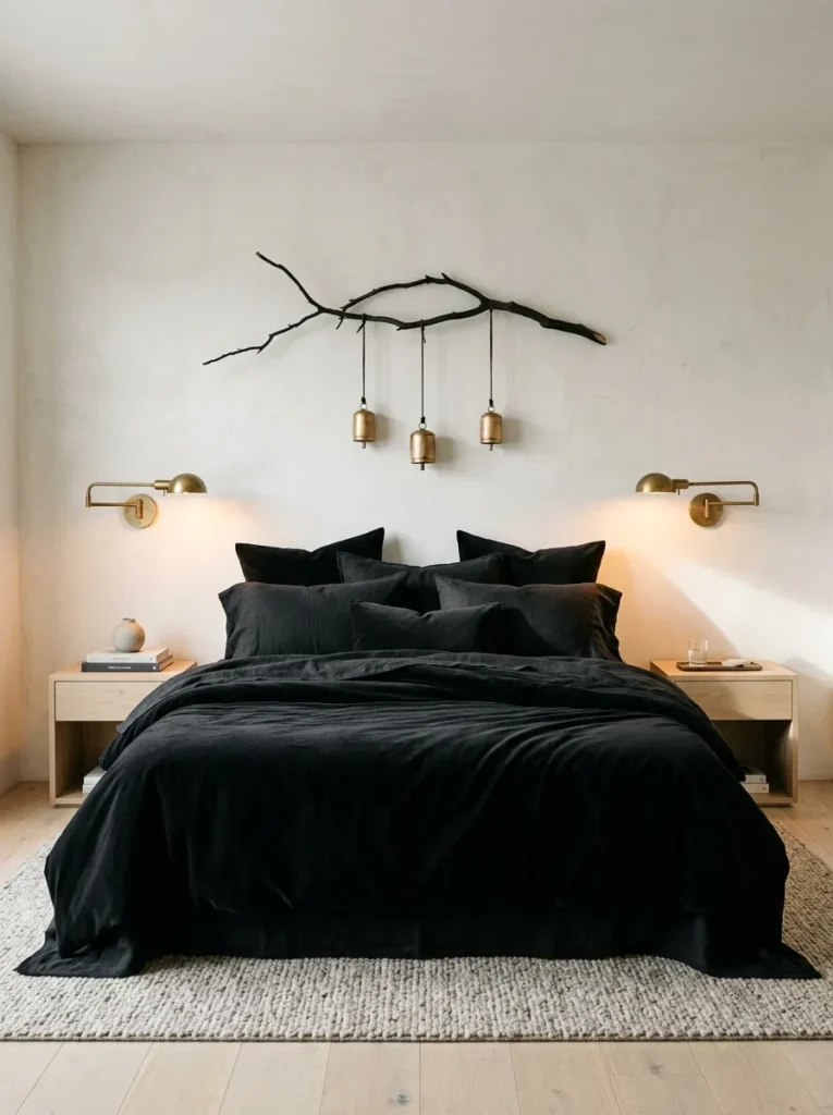 "Black velvet bedroom with brass bells on a sprayed branch"