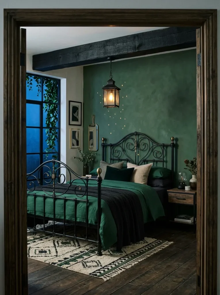 "Blackened steel four-poster bed under a charred oak beam"