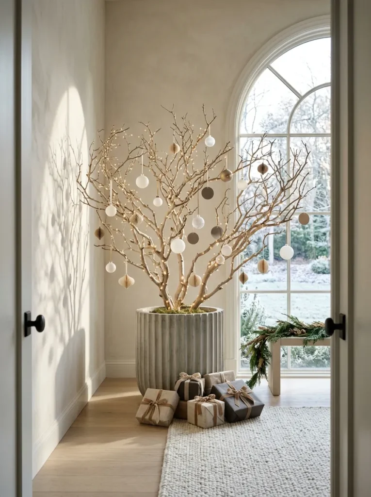 "Bleached manzanita branch Christmas tree with opal glass orbs"