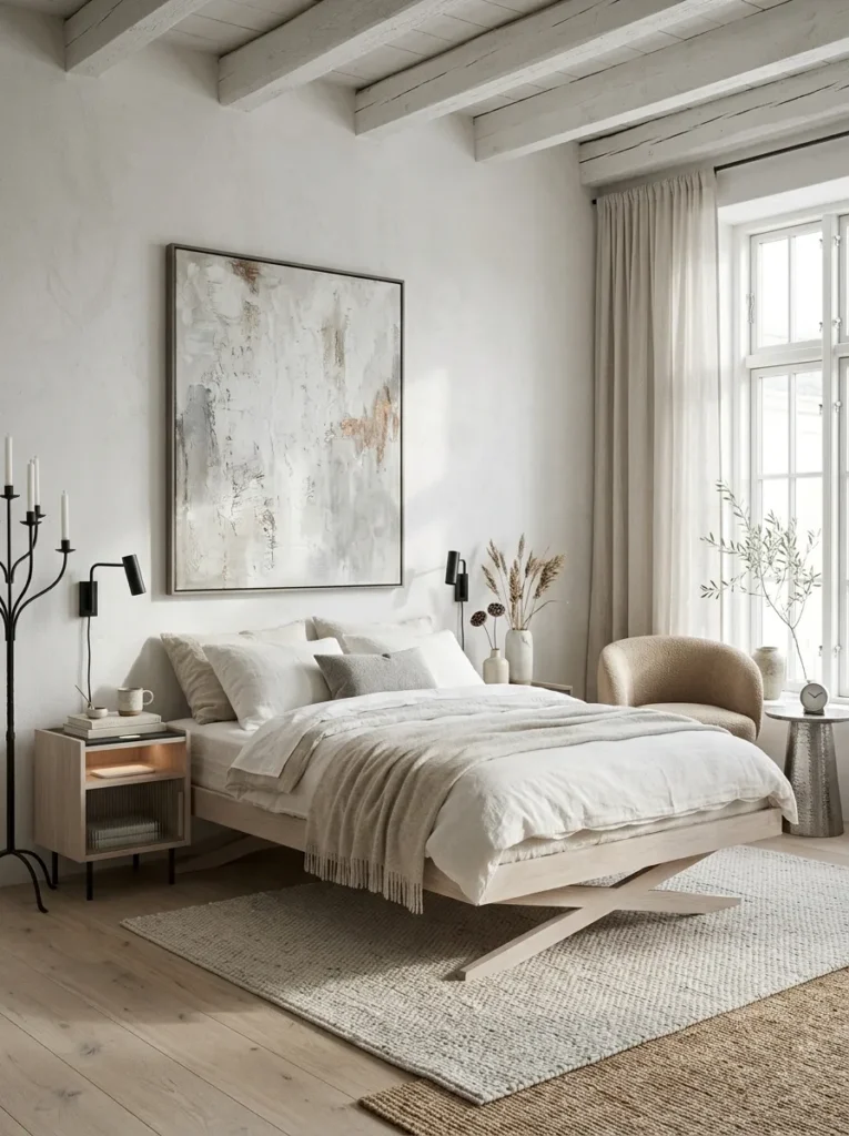 "Bleached oak trestle bed under whitewashed exposed rafters"