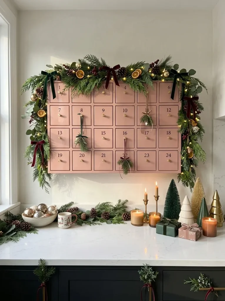 "Blush pink wall-hung advent cabinet with brass knobs above a kitchen counter"