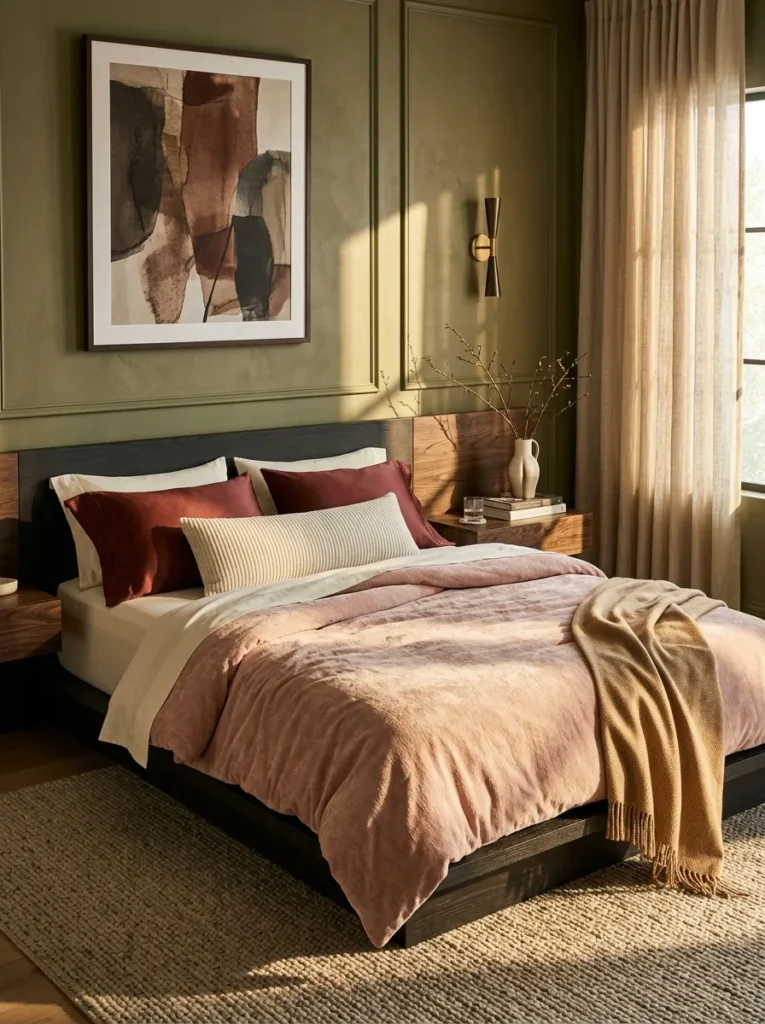 "Blush chenille duvet with oxblood silk pillows against olive walls"
