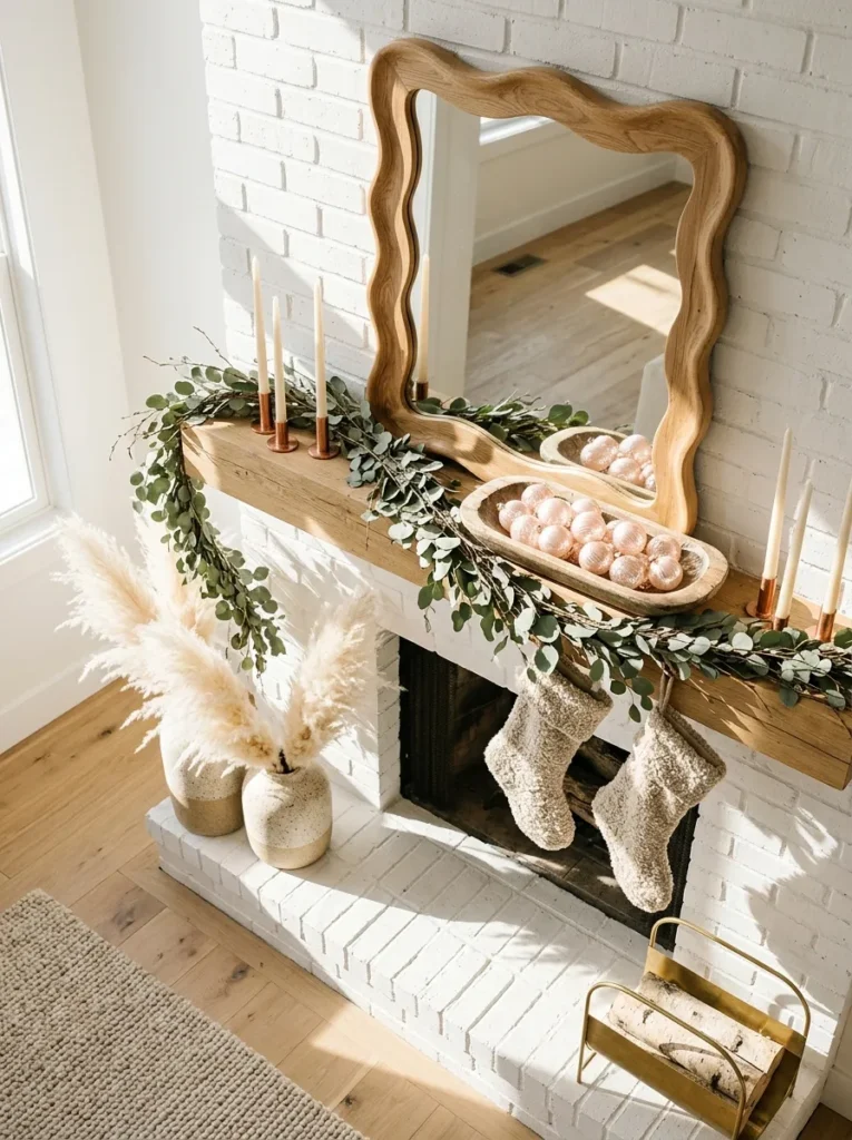 "Blush pink Christmas mantel with copper pipe-cap candleholders"
