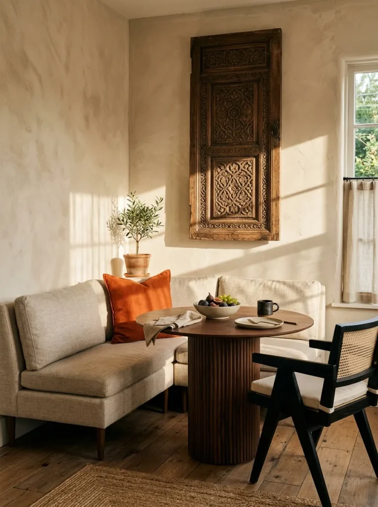 "Boho breakfast nook with antique door panel and sand limewash walls"
