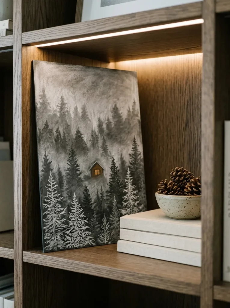 "Layered conifer forest chalk panel inside a bookcase cube"