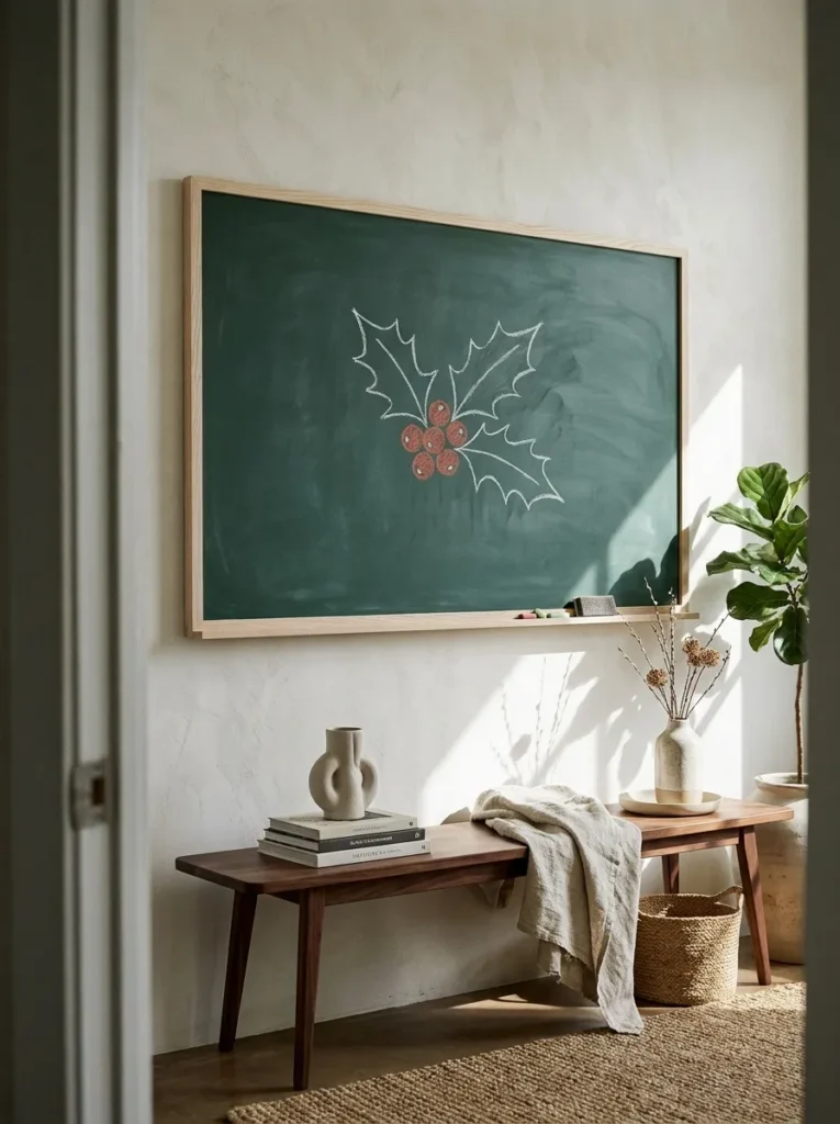 "Holly sprig chalk drawing on a spruce-green board above an entry bench"
