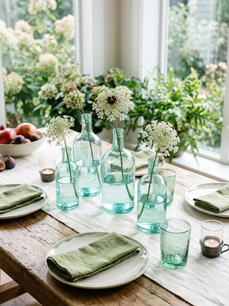 "Queen Anne's lace in sea-green glass bottles grouped on a table"