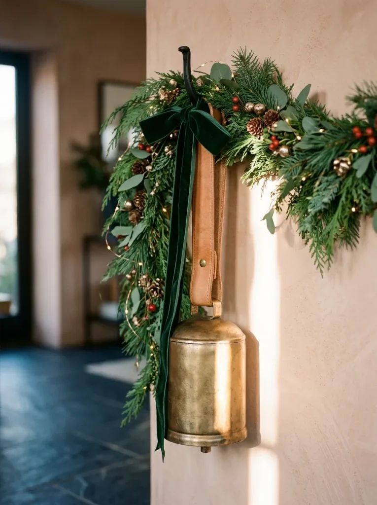 "Brass bell on a leather strap against a dusty peach mudroom wall"