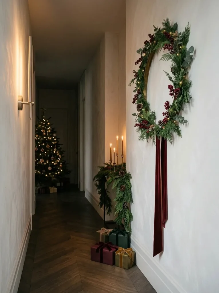 "Oxblood velvet ribbon falling from a brass ring on a plaster wall"