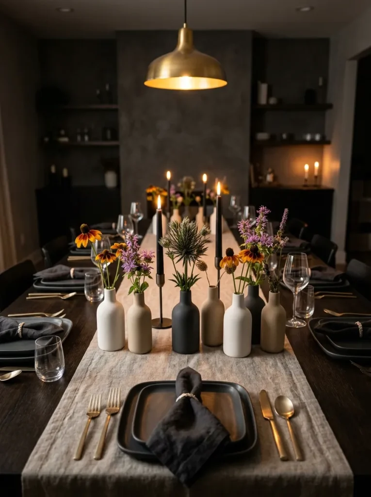 "Row of ceramic bud vases with single wildflower stems"