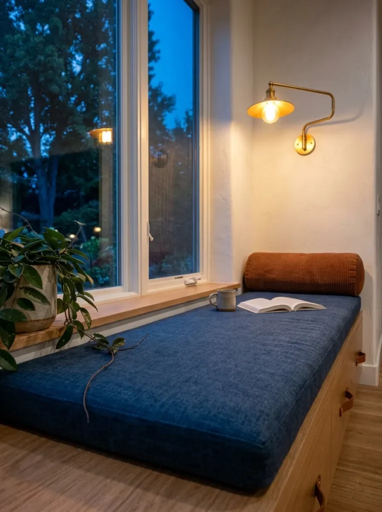  "Built-in window bench with brass sconce and indigo cushion"