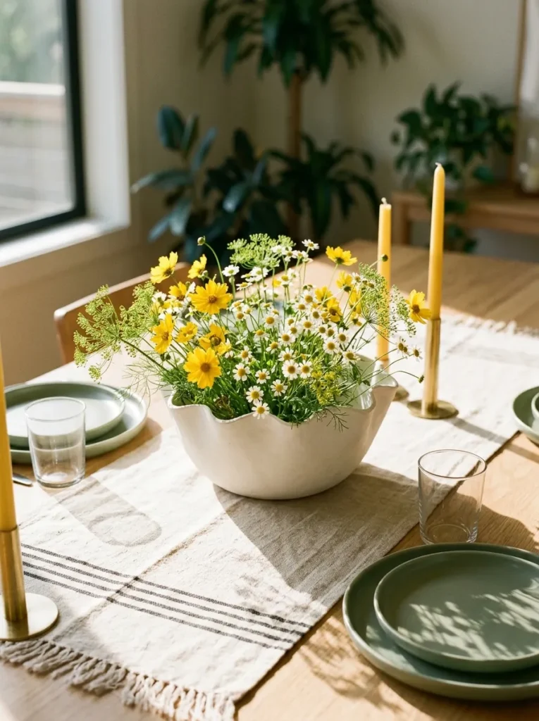 "Butter-yellow coreopsis and daisies in a wide white clay bowl"