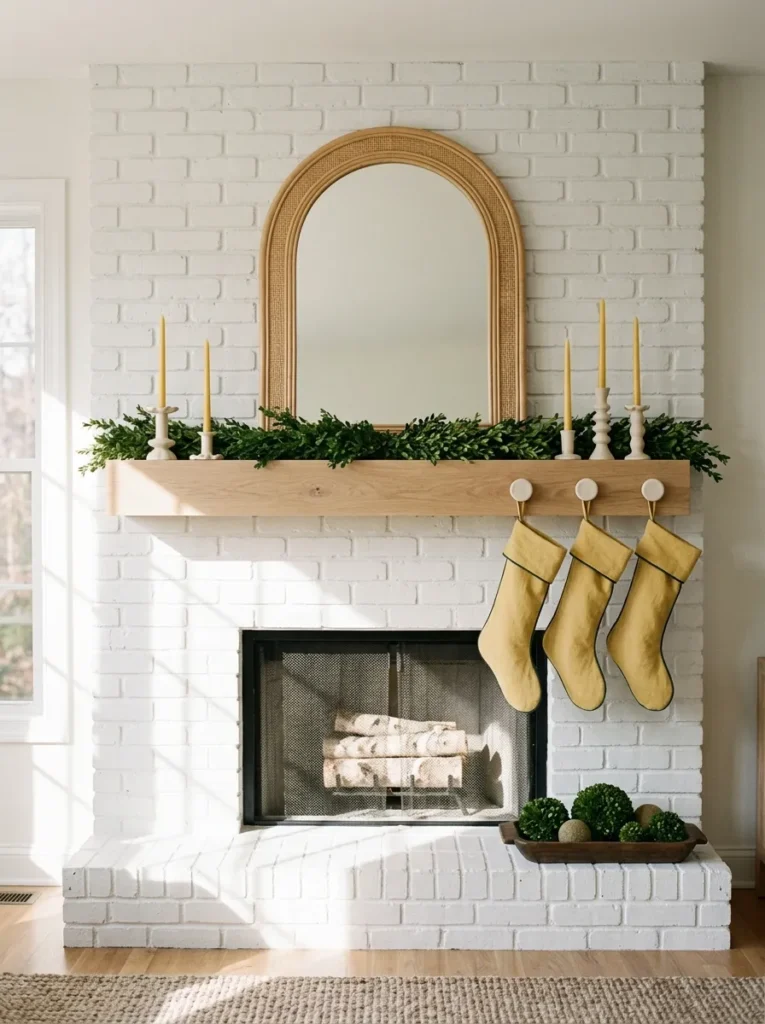 "Butter yellow tapers on a boxwood evergreen Christmas mantel"

