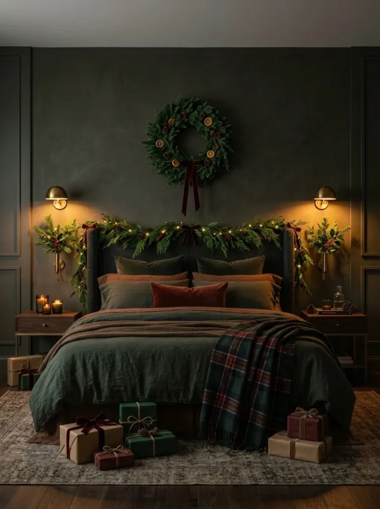 "Brass wall vases with camellia stems beside bedroom sconces"