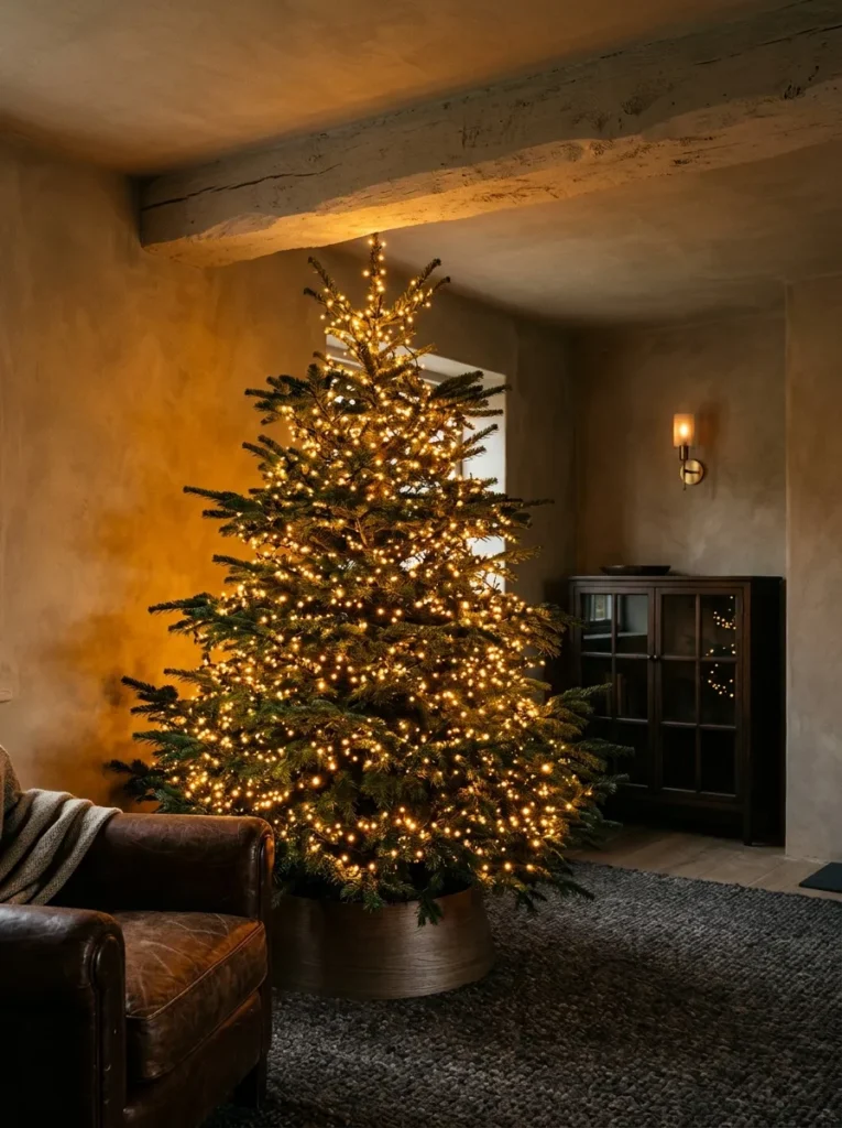 "Evergreen fir lit only with 2200K amber lights and no ornaments"