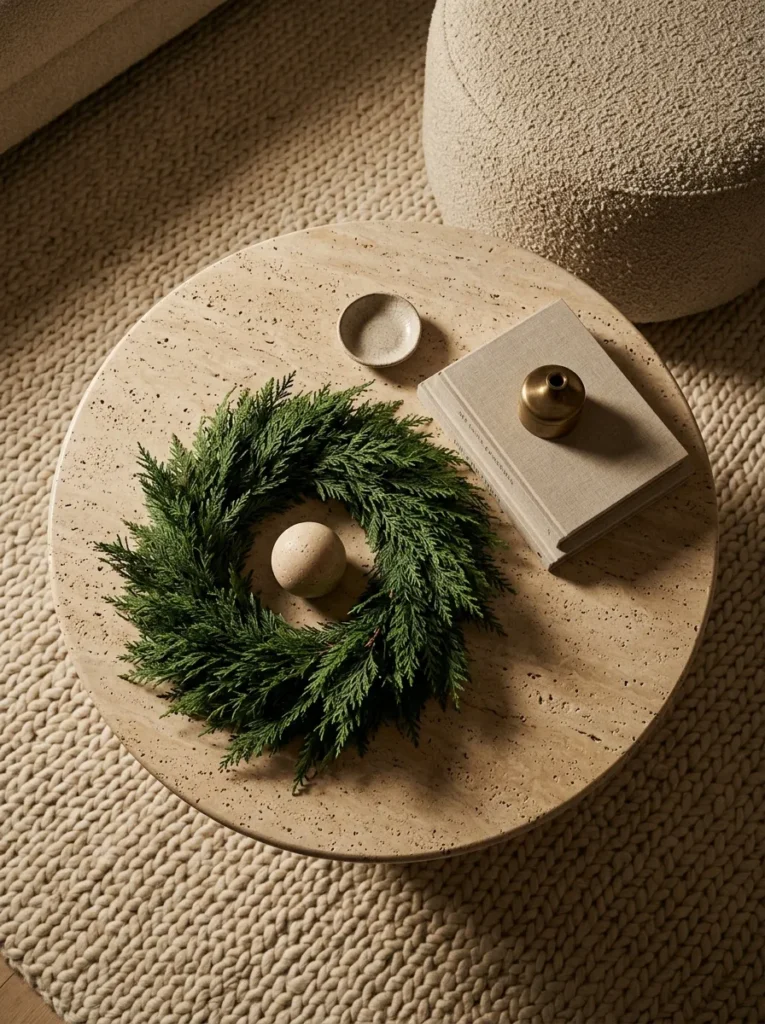 "Cedar bough ring around a travertine sphere on a coffee table"