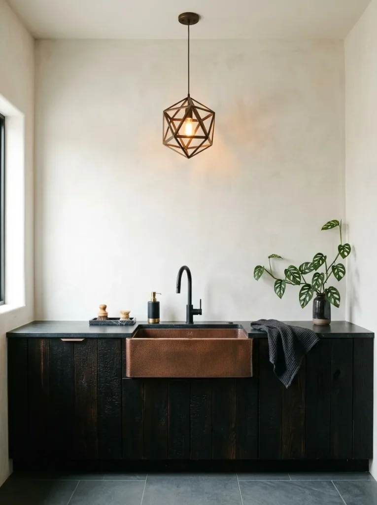 "Modern rustic laundry room with charred cedar cabinets and bluestone floor"