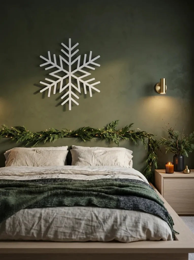 "Chalk-white steel snowflake above a bed on an olive limewash wall"