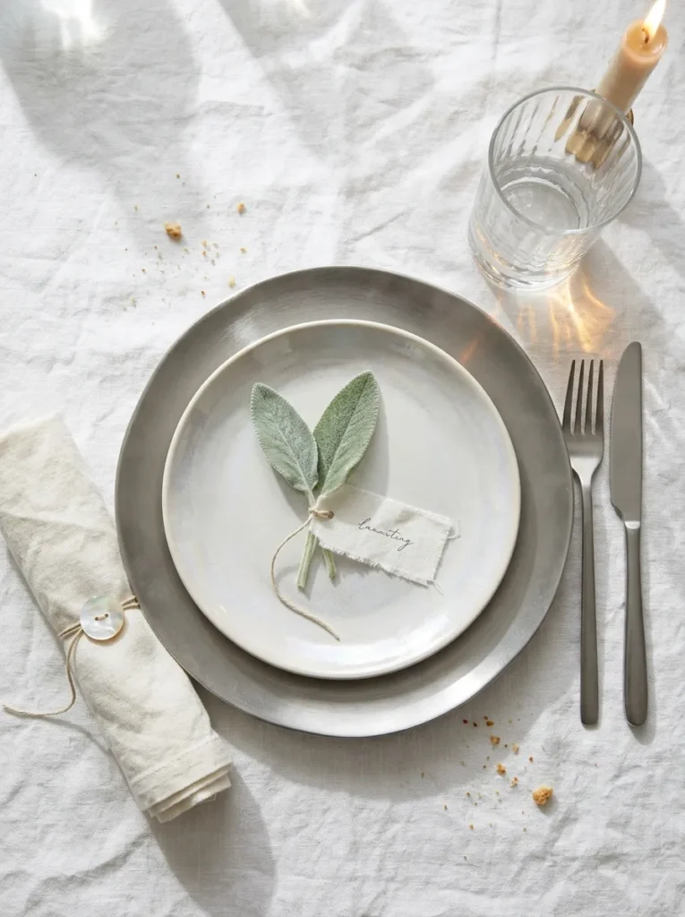 "Pearl-glazed plate on a pewter charger with a lamb's ear leaf place card"