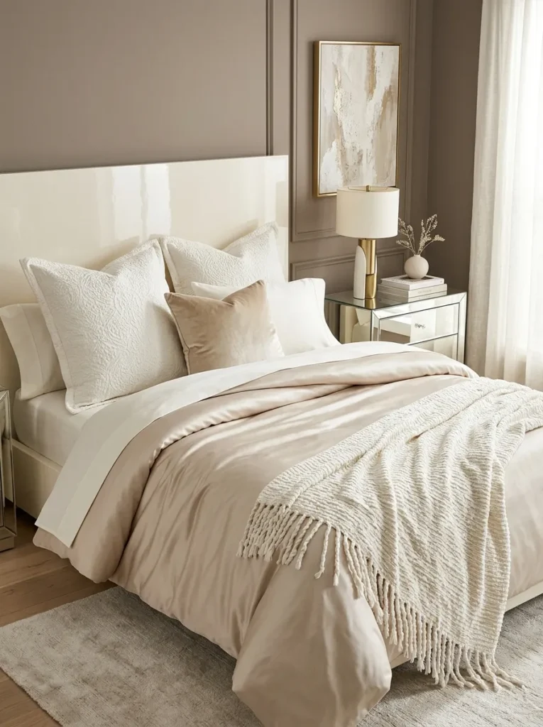 "Champagne sateen duvet with ivory fringe throw"